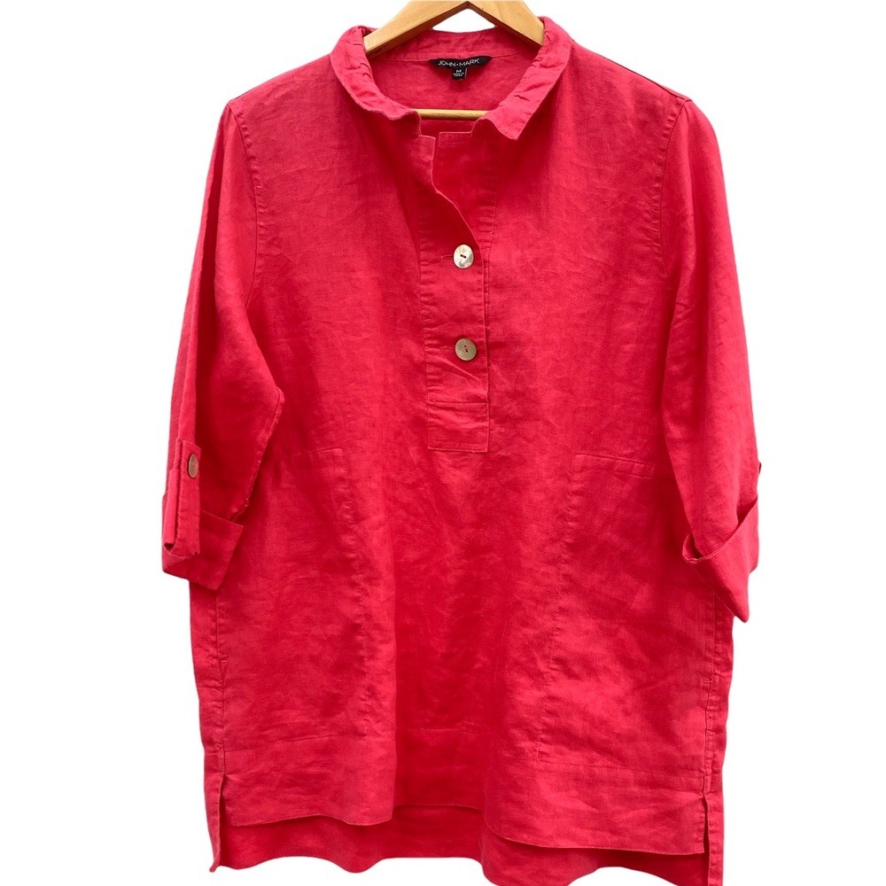 JOHN MARK Linen Popover Boxy Lagenlook Tunic Top in Watermelon